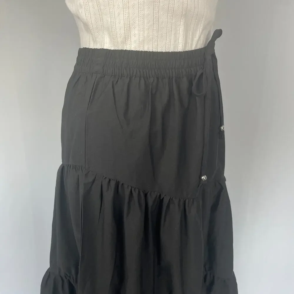Tiered Broomstick Midi Skirt Size Medium Black Solid Fairy Whimsigoth Boho Goth